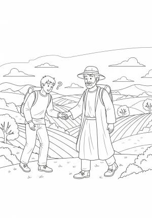 A Samaritan guiding a lost traveler through a peaceful countryside, offering assistance and friendship.