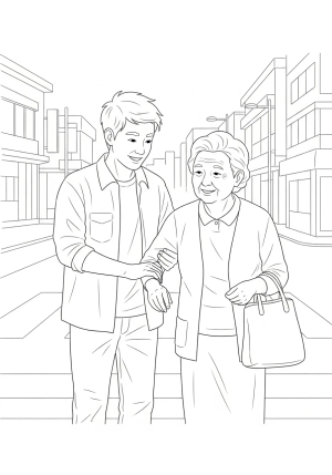 A compassionate individual assisting an elderly person across a busy street with a gentle smile and supportive gesture.