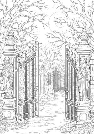 A mysterious gothic garden featuring twisting iron gates, ancient stone statues, and moonlit trees with bare branches, rendered in detailed black and white line drawing