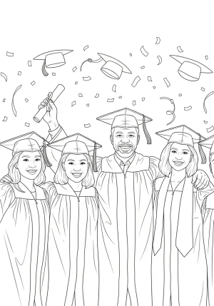 A group of diverse graduates in caps and gowns celebrating together with confetti falling around them.