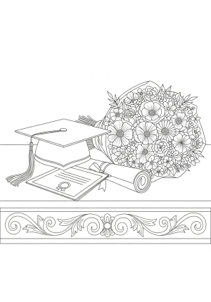 A detailed illustration of a graduation cap, diploma, and bouquet of flowers arranged on a table with decorative elements.