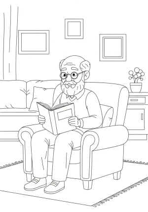 A friendly grandpa sitting in a cozy armchair, reading a book with his glasses perched on his nose, surrounded by a warm and inviting living room setting
