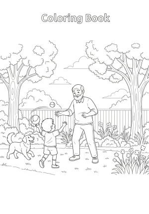 A cheerful grandpa and a young child playing catch in a sunny backyard, with trees, a dog, and a garden in the background
