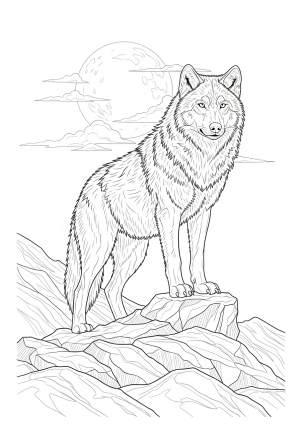 A detailed illustration of a majestic gray wolf standing on a rocky outcrop during a full moon night.