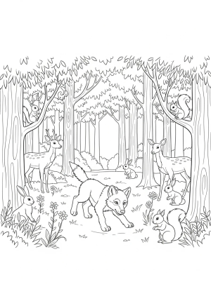 A playful gray wolf pup exploring a forest clearing surrounded by trees and woodland creatures.