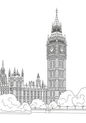 A detailed illustration of Big Ben with the Houses of Parliament in the background, featuring intricate architectural details and surrounding trees.