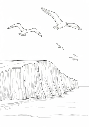 A scenic depiction of the White Cliffs of Dover with seagulls flying overhead and a calm sea at the base, showcasing rugged cliffs and natural beauty.