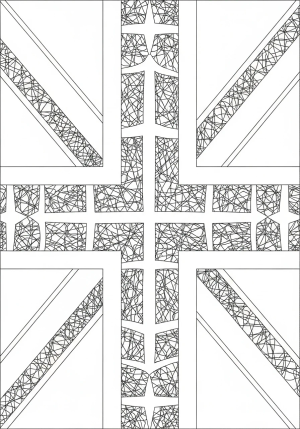 A detailed illustration of the Union Jack flag featuring intricate lines and patterns suitable for a coloring page