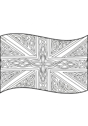 An ornate depiction of the Great Britain flag with decorative elements and bold outlines for coloring