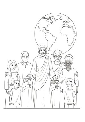 A detailed scene depicting Jesus gently guiding a diverse group of people to spread kindness and faith, with a large globe in the background symbolizing global outreach.