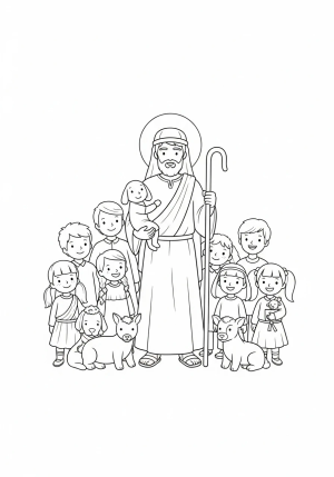 An inspiring illustration of a shepherd holding a staff, surrounded by children and animals, symbolizing guidance and spreading the message to all corners of the world.