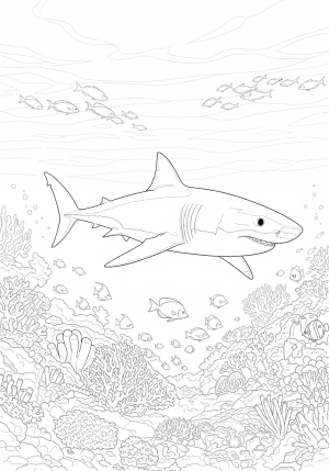 An elegant great white shark swimming gracefully through a vibrant coral reef teeming with marine life