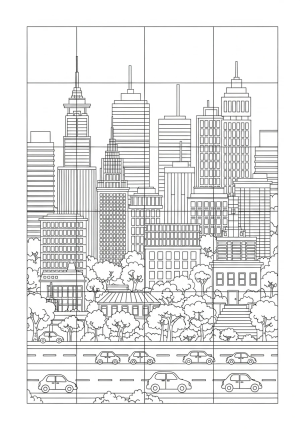 A detailed grid featuring a bustling cityscape with skyscrapers, cars, and trees.