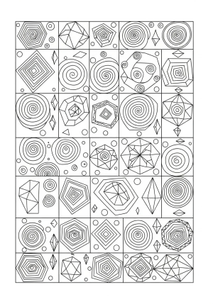 A whimsical grid of various geometric shapes combined into a magical fantasy scene.