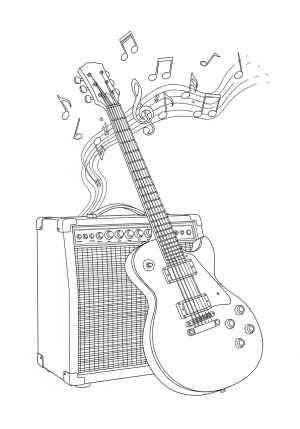 A detailed line drawing of an electric guitar resting against a vintage amplifier with musical notes floating around.