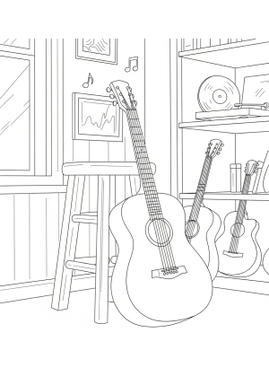 A classic acoustic guitar leaning against a wooden stool in a cozy music room with decorative elements in the background.