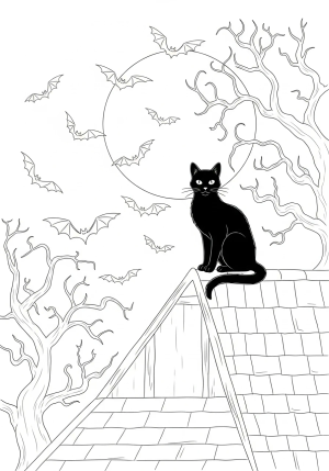 A mysterious black cat with glowing eyes sitting on a moonlit rooftop surrounded by flying bats and spooky trees