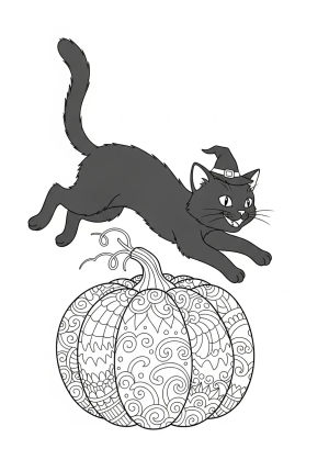 A playful Halloween cat wearing a tiny witch hat, perched on a pumpkin with intricate swirls and spooky patterns in the background