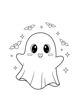 A cute ghost with big eyes and a friendly smile surrounded by tiny bats and stars.