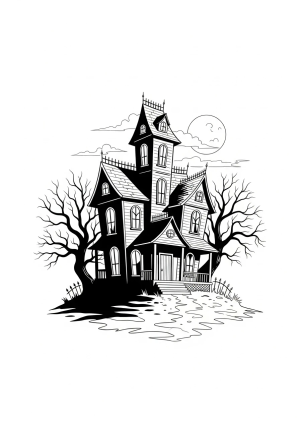 A spooky haunted house with crooked windows, overgrown trees, and a full moon in the background.