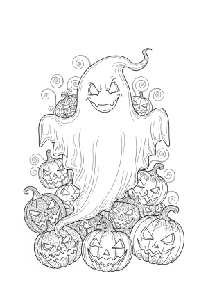 A friendly ghost floating among bouncing jack-o'-lanterns with swirling patterns and eerie details.