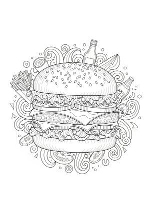 An intricate line drawing of a classic hamburger with layers of lettuce, tomato, cheese, and a sesame seed bun, surrounded by playful wavy lines and small food-themed doodles