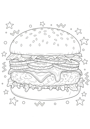 A detailed illustration of a hamburger featuring a juicy patty, melted cheese, pickles, and toppings, with fun decorative elements like stars and zigzag patterns in the background