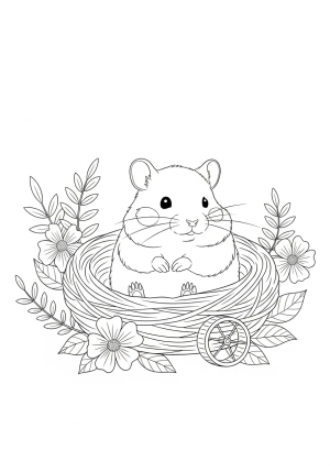 A cute hamster sitting inside a small nest with a tiny wheel nearby, surrounded by flowers and leaves