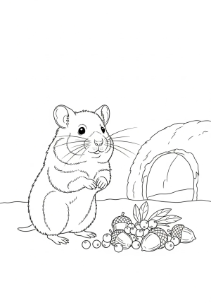 A playful hamster standing on its hind legs next to a pile of acorns and berries, with a cozy burrow in the background