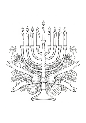A detailed illustration of a menorah with nine candles, surrounded by festive holiday decorations, in a celebratory setting