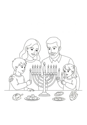A family gathered around the menorah lighting candles together, with traditional Hanukkah symbols like dreidels and gelt nearby