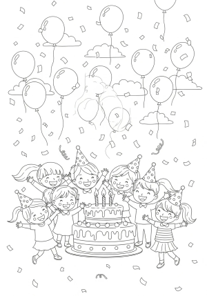 A cheerful birthday scene with balloons, a giant cake, and confetti falling from the sky, featuring playful children celebrating together
