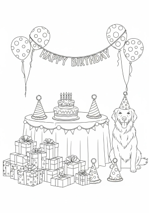 A whimsical birthday party setup with a decorated table, presents, party hats, and a smiling dog wearing a birthday hat