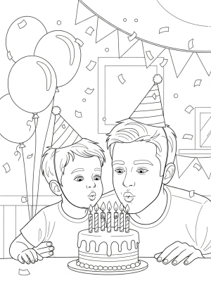 A cheerful father and child sharing a joyful moment while blowing out birthday candles on a cake with balloons and confetti in the background