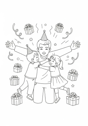 A happy dad receiving a big birthday hug from his children, with presents and streamers surrounding them