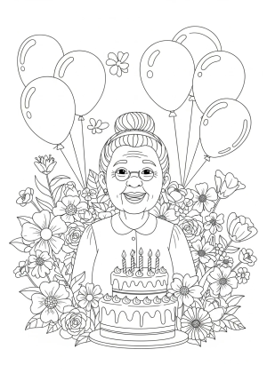 A joyful grandmother surrounded by blooming flowers, balloons, and a birthday cake, celebrating her special day