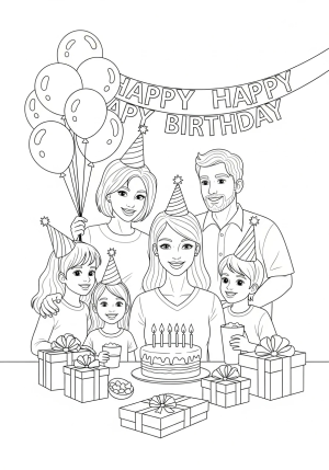 A joyful scene of a family gathered around a birthday cake with balloons and presents, celebrating a special mommy.