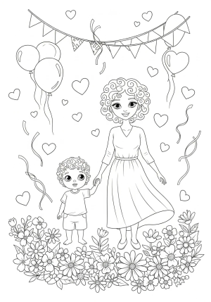 A whimsical illustration of a mother and child holding hands, surrounded by flowers, hearts, and party decorations, full of cheerful details.