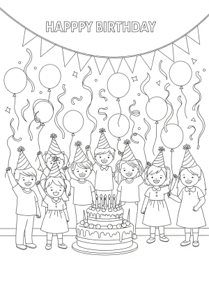 A joyful birthday party setting featuring children wearing party hats, holding balloons, and happily celebrating with streamers and a large birthday cake