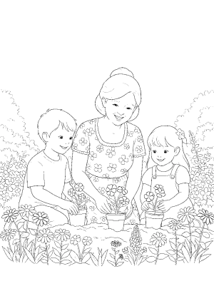 A joyful scene of a grandma and her grandchildren planting flowers together in a garden, with smiling faces and blooming plants
