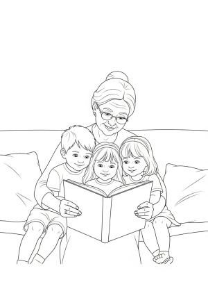 A loving moment of a grandma reading a storybook to her grandkids sitting comfortably on a cozy sofa