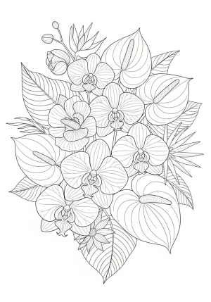 An intricate, detailed bouquet of exotic flowers with elaborate patterns and fine line work, showcasing layered petals and textured leaves