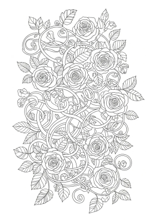 A complex arrangement of blooming roses intertwined with vines and ornate foliage, featuring delicate line shading and elaborate trail details