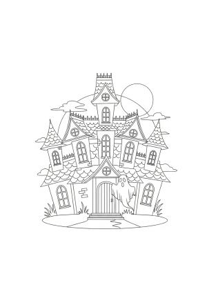 A spooky haunted house with jagged windows, crooked towers, and a ghostly figure floating near the entrance, set against a full moon night.