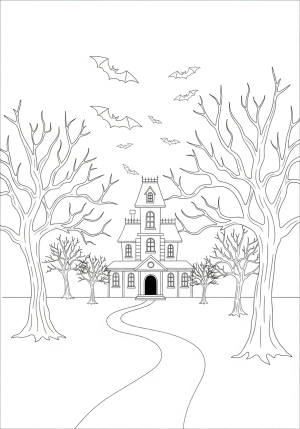 A creepy haunted mansion surrounded by leafless trees, with a winding path leading to the door, and bats flying across the dark sky.