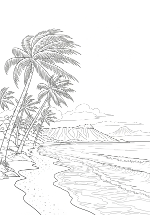 A picturesque scene of a Hawaiian tropical beach with palm trees, gentle waves, and a distant volcano in the background