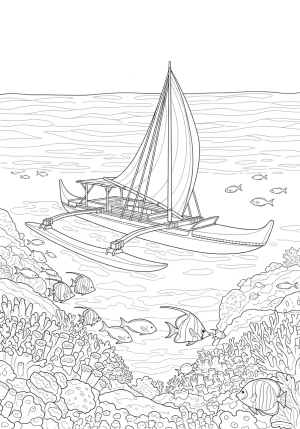 A traditional Hawaiian outrigger canoe gliding over the ocean surrounded by coral reefs and tropical fish