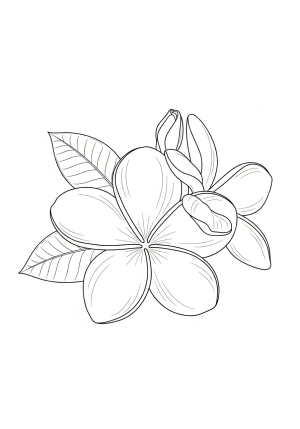 An elegant line illustration of the plumeria flower with five rounded petals overlapping each other, featuring detailed petal textures and a minimal leafy setting nearby.