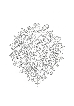 A detailed, intricate heart surrounded by delicate floral patterns and swirling designs.