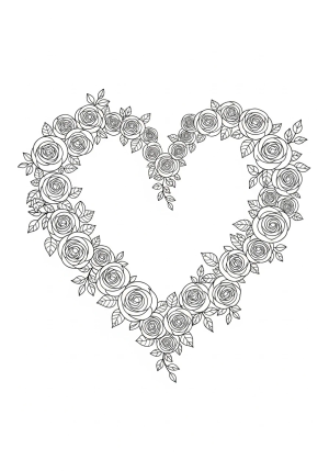 A delicate heart-shaped wreath intertwined with blooming roses and trailing vines.